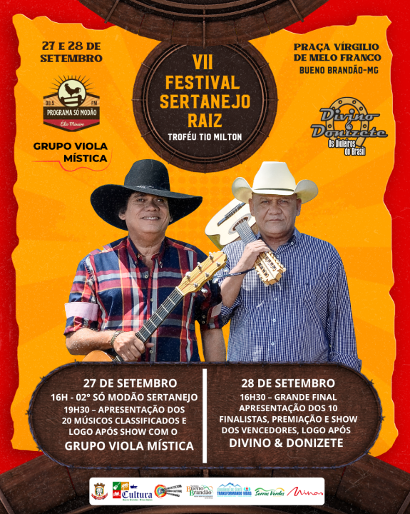 VII FESTIVAL SERTANEJO RAIZ, TROFÉU "TIO MILTON", DE BUENO BRANDÃO PROMETE DOIS DIAS DE MUITA MÚSICA E CULTURA NA PRAÇA VIRGÍLIO DE MELO FRANCO