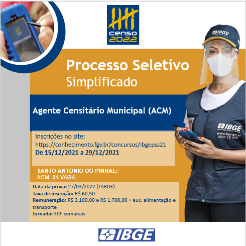 Proceso Seletivo do IBGE têm vagas para Santo Antônio do Pinhal