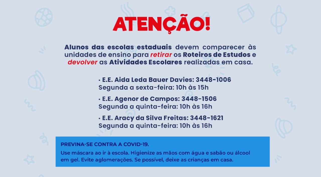 Escolas estaduais: alunos devem retirar roteiros de estudos e entregar atividades concluídas