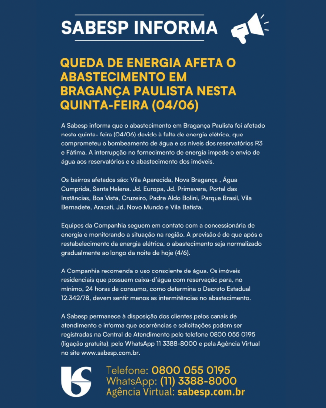 Queda de energia afeta o abastecimento em Bragança Paulista nesta quinta feira (04/06)