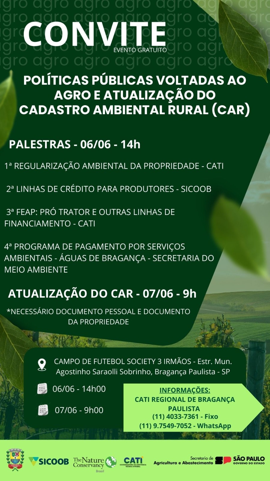 Palestra sobre políticas públicas voltadas ao Agro e atualização do Cadastro Ambiental Rural acontecem nesta quinta e sexta-feira