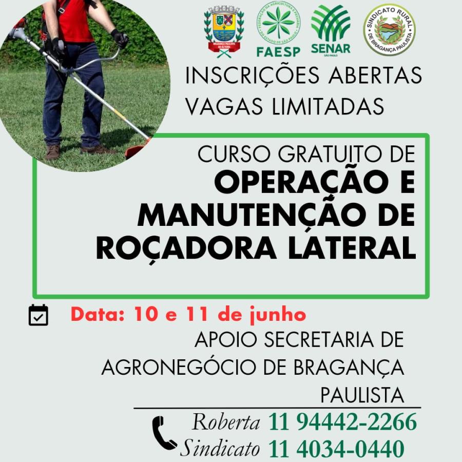 Abertas inscrições para curso gratuito de Operação e Manutenção de Roçadora Lateral