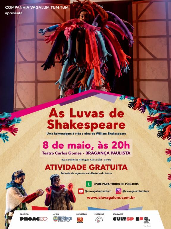 Cia Vagalum Tum Tum apresenta espetáculo gratuito “As Luvas de Shakespeare” no município