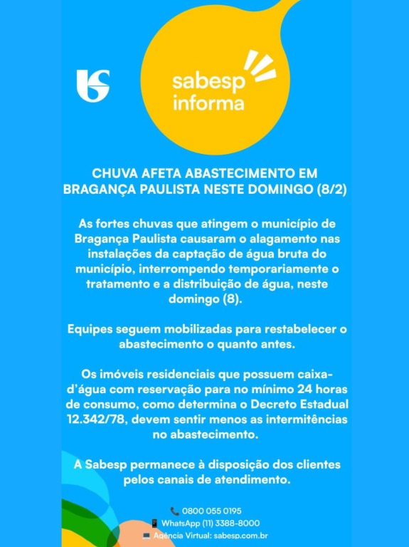 Comunicado Sabesp - Chuva afeta abastecimento em Bragança Paulista neste domingo (8/2)