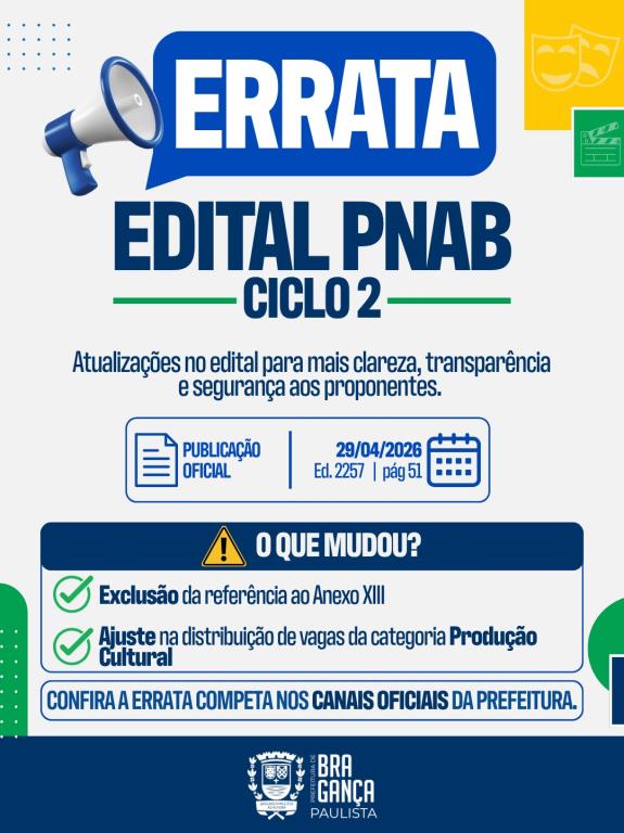 Secretaria Municipal de Cultura e Turismo publica errata do Edital nº 01/2026 da PNAB – Ciclo 2