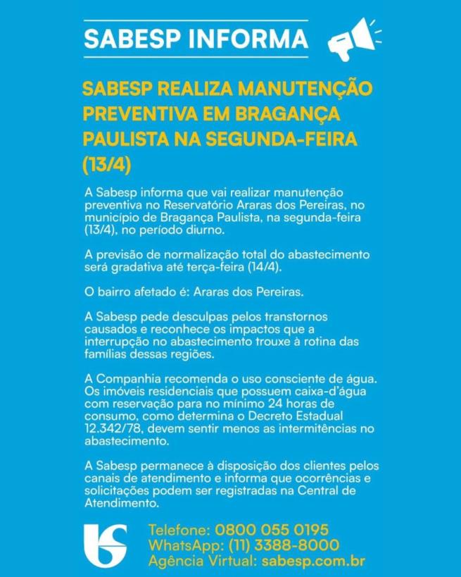 Sabesp realiza manutenção preventiva em Bragança Paulista na segunda-feira (13/04)