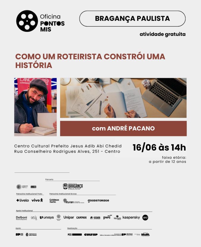 Oficina gratuita ensina técnicas de construção de histórias com o roteirista André Pacano