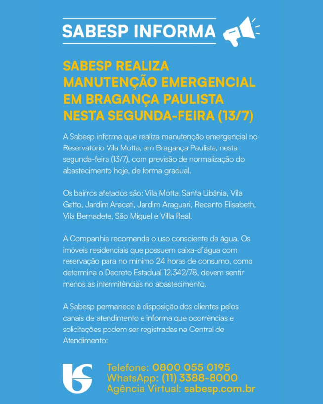 Comunicado - Sabesp realiza manutenção emergencial em Bragança Paulista nesta segunda-feira (13/7)