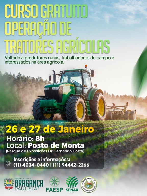Curso gratuito de Operação de Tratores Agrícolas abre inscrições em Bragança Paulista