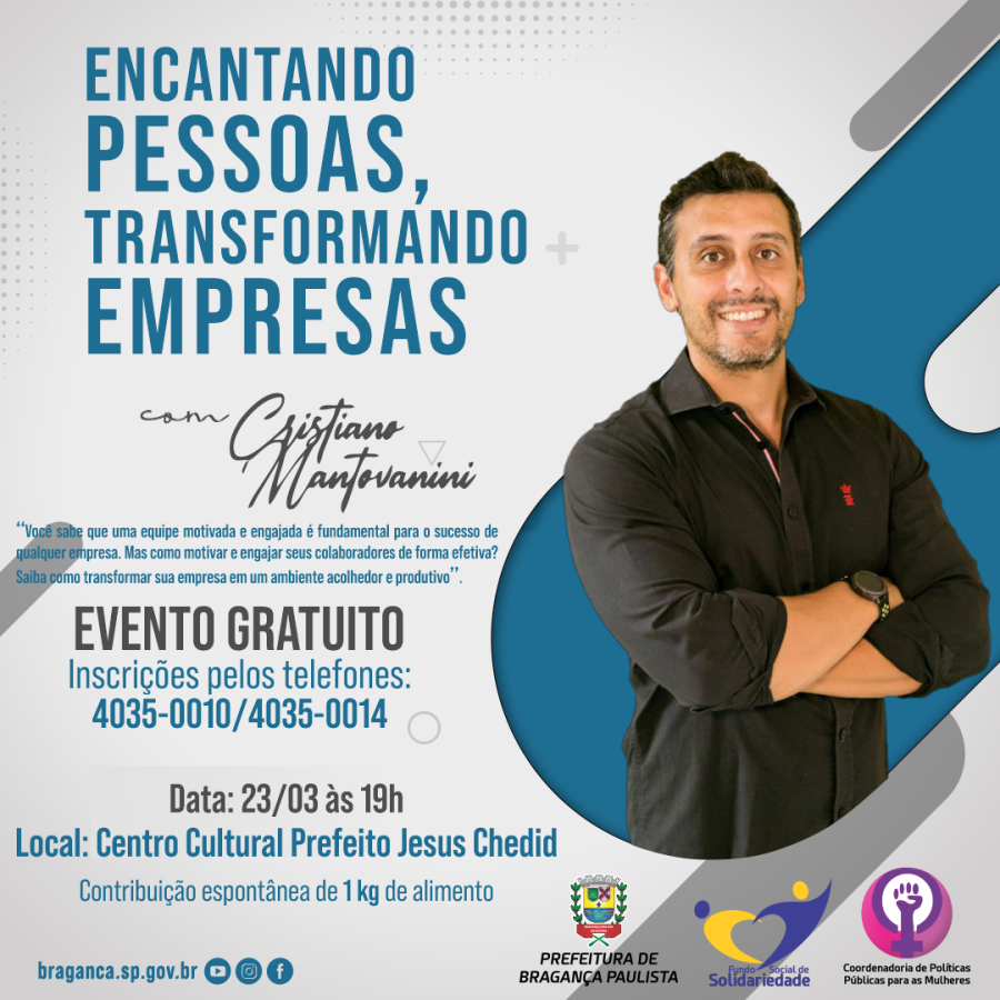 Prefeitura promove palestra com o tema “Encantando pessoas, transformando empresas” na próxima quinta-feira (23/03)