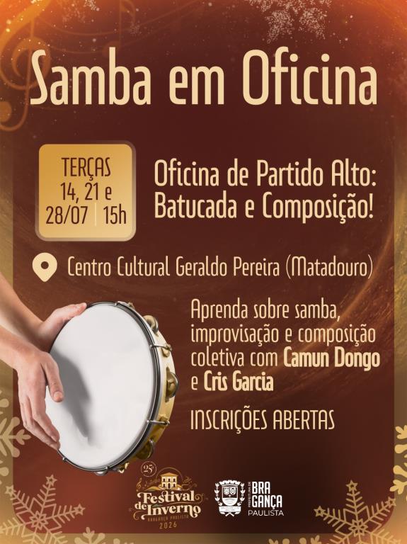 Festival de Inverno 2026 abre inscrições para Oficina de Partido-Alto: Batucada e Composição