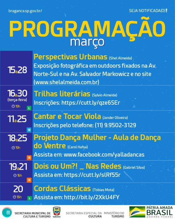Lei Aldir Blanc - Confira a programação da terceira semana de atividades do mês de março