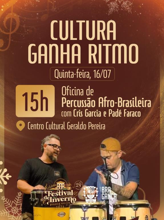 Festival de Inverno 2026 realiza inscrições para a Oficina de Percussão Afro-brasileira!