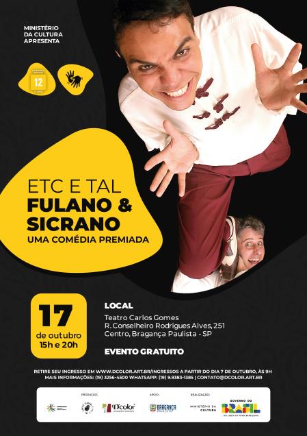 Espetáculo “ETC e TAL – Fulano & Sicrano” tem segunda sessão às 20h nesta sexta-feira, 17, no Teatro Carlos Gomes, em Bragança Paulista