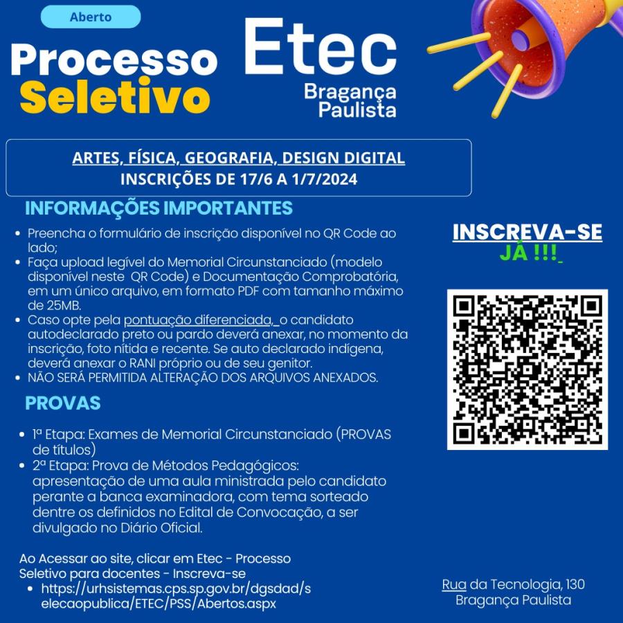 ETEC abre processo seletivo de professores em Bragança Paulista