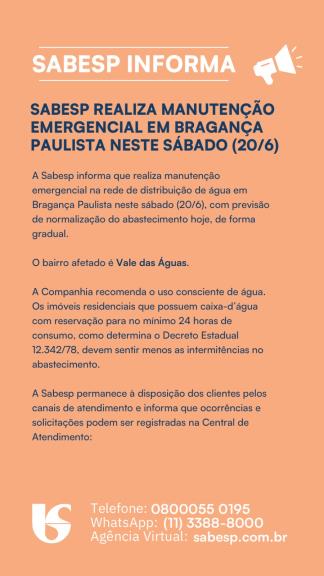 SABESP REALIZA MANUTENÇÃO EMERGENCIAL EM BRAGANÇA PAULISTA NESTE SÁBADO (20/6)