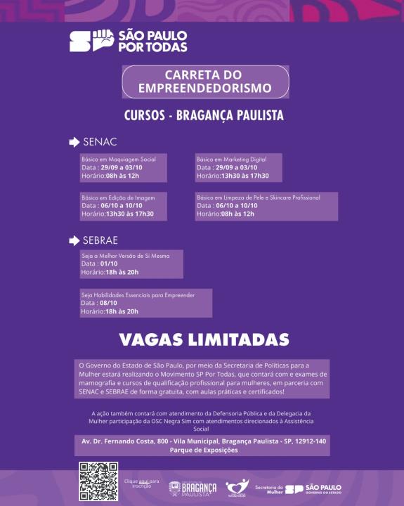 Inscrições abertas para os cursos da Ação SP Por Todas em Bragança Paulista