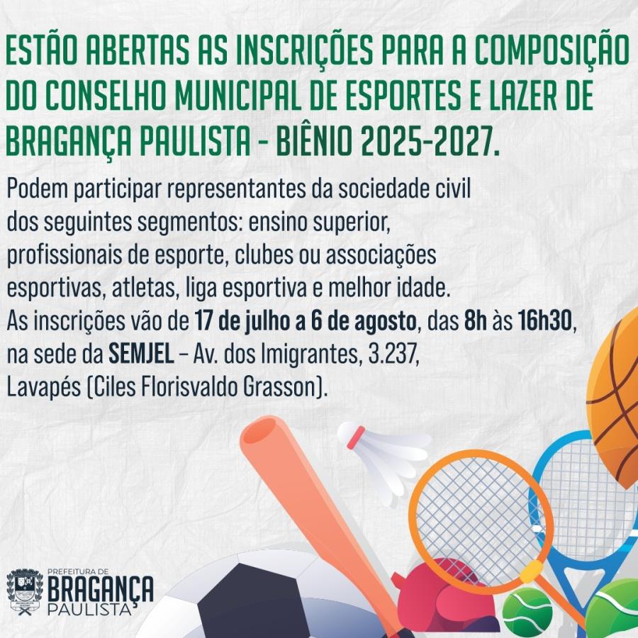 Publicado edital para composição do Conselho Municipal de Esportes e Lazer de Bragança Paulista