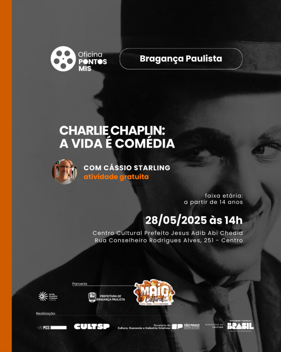 Oficina gratuita sobre Charlie Chaplin será realizada no Maio Cultural, em Bragança Paulist