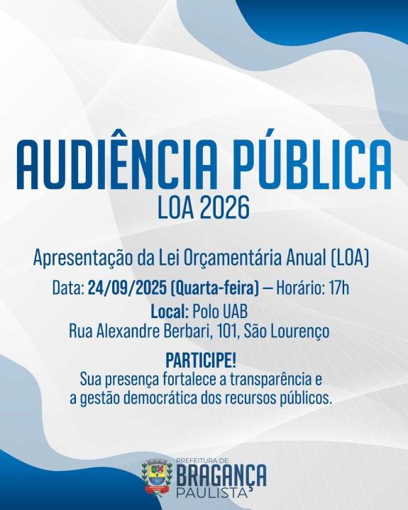 Prefeitura realizará audiência pública para apresentação da LOA 2026