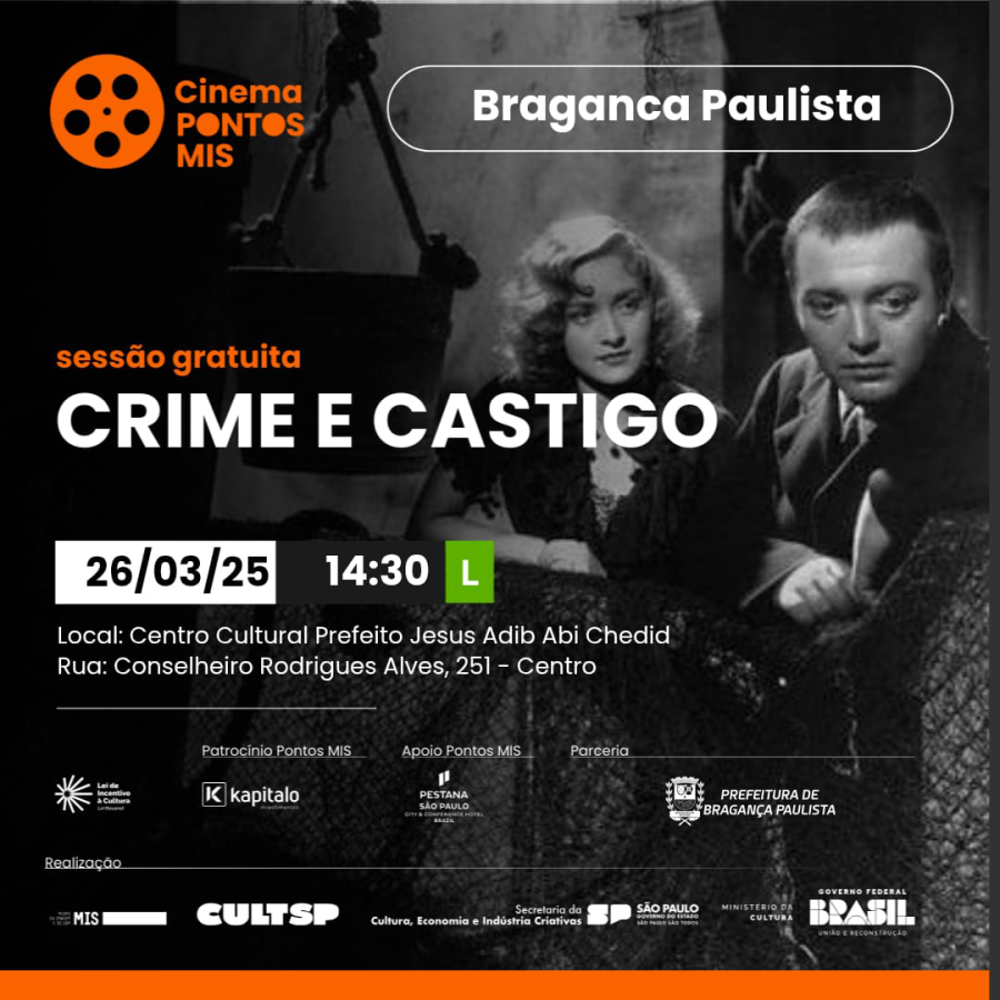 Exibição do Filme "Crime e Castigo" no Pontos MIS acontece nesta quarta-feira (26/03)