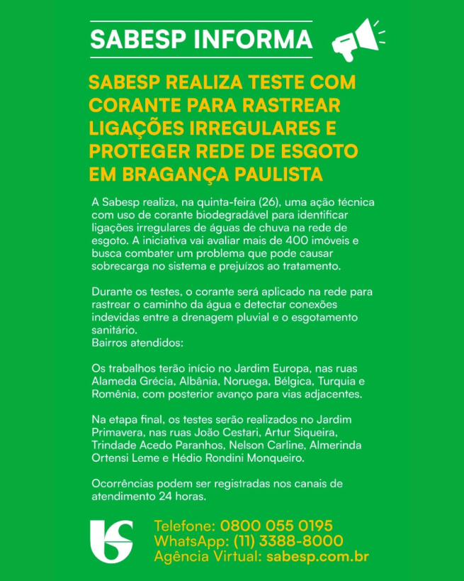 Sabesp usa corante para rastrear ligações irregulares e proteger rede de esgoto em Bragança Paulista