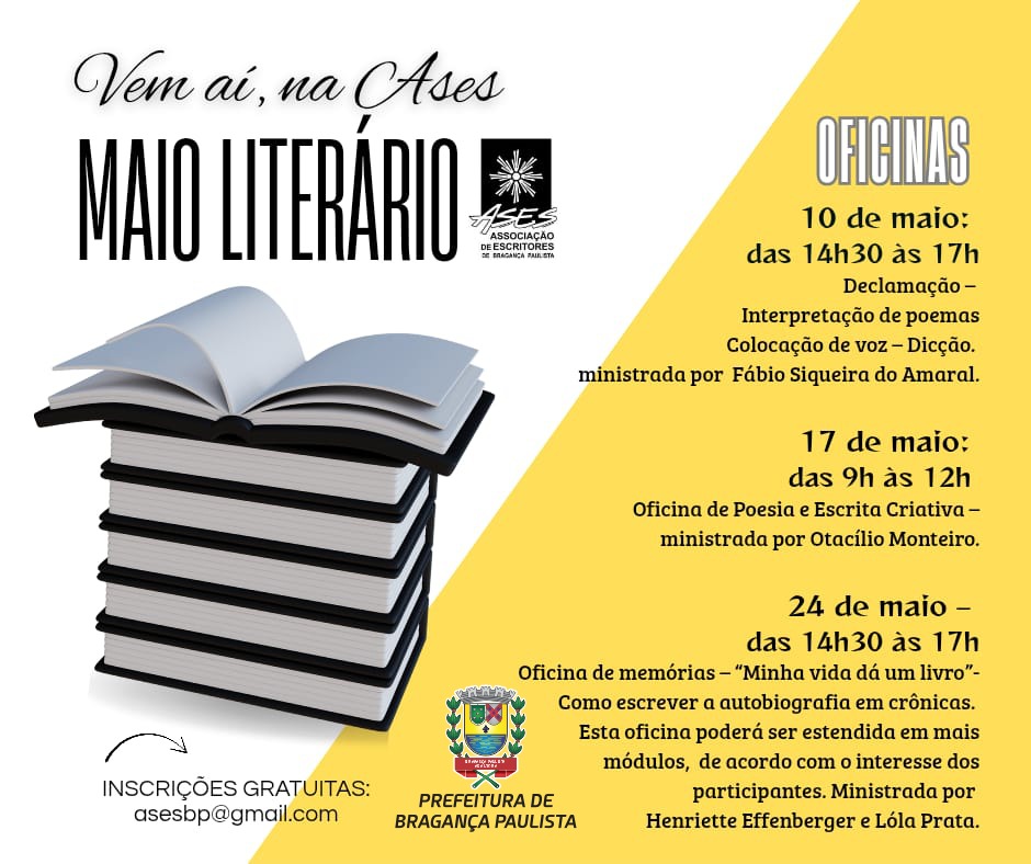 ASES promove “Maio Literário” com oficinas gratuitas e apoio da Prefeitura de Bragança Paulista