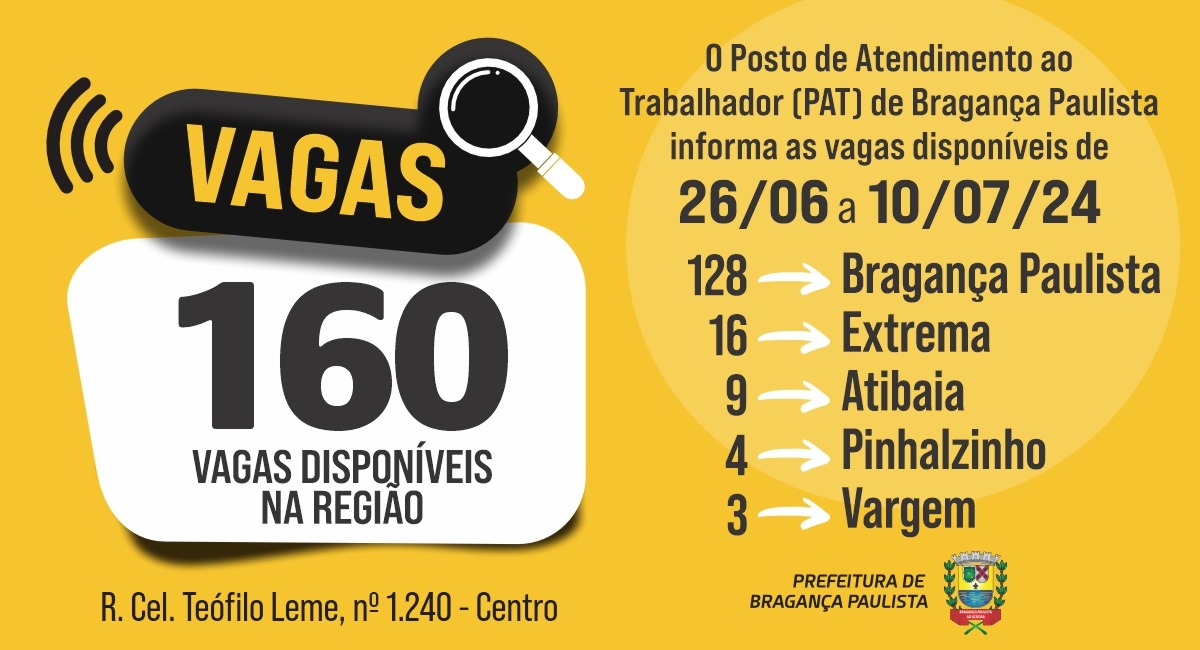 Posto de Atendimento ao Trabalhador tem 160 vagas disponíveis nesta semana