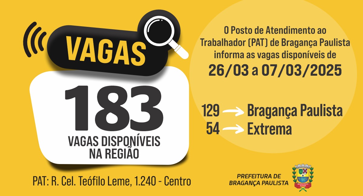 Posto de Atendimento ao Trabalhador tem 183 vagas disponíveis nesta semana