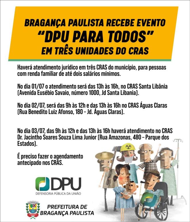 DPU para Todos acontece em três unidades do CRAS entre 01 e 03 de julho