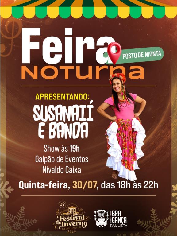 Festival de Inverno segue com Susanaií e Banda na Feira Noturna do Posto de Monta nesta quinta-feira