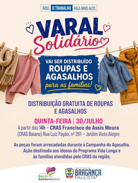 Fundo Social realiza Varal Solidário no CRAS Vista Alegre nesta quinta-feira 30/07