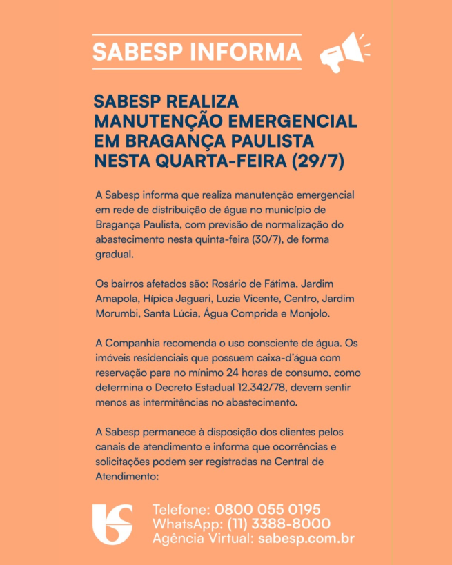 Sabesp realiza manutenção emergencial em Bragança Paulista nesta quarta-feira (29/7)