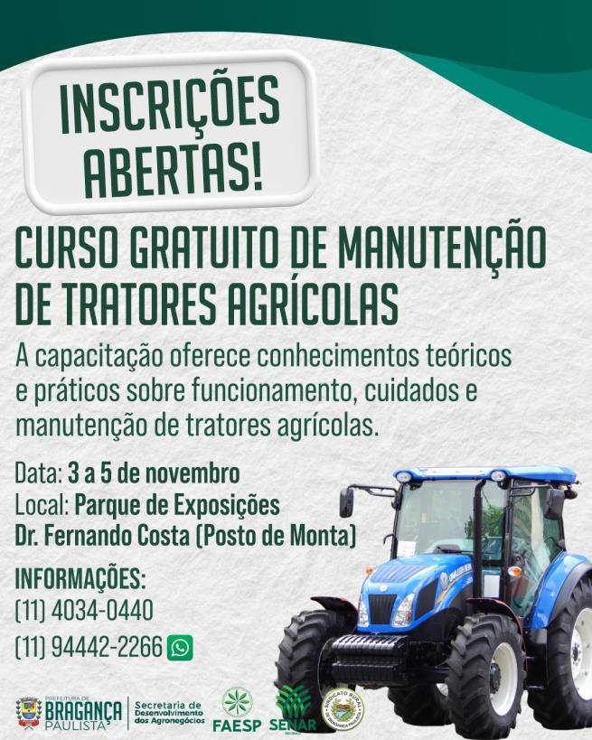 Inscrições abertas para o curso de Manutenção de Tratores Agrícolas em Bragança Paulista