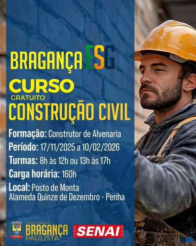 Prefeitura de Bragança Paulista e SENAI abrem inscrições para curso gratuito de Construção Civil voltado à formação de Construtor de Alvenaria