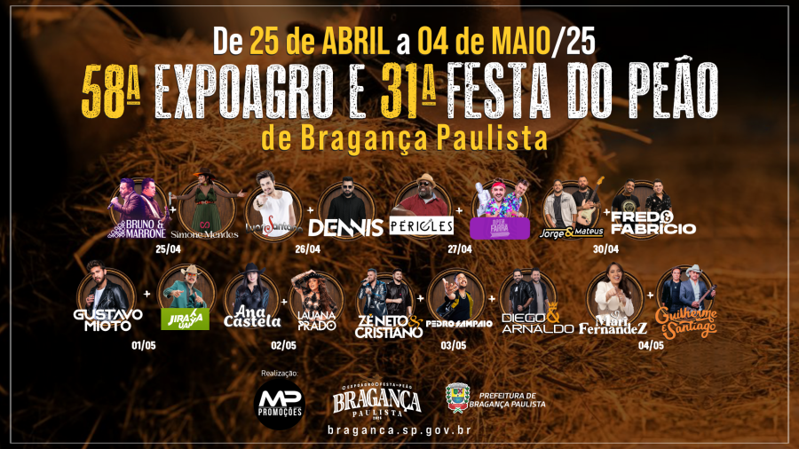 Conheça a grade de shows da 58ª Expoagro e 31ª Festa do Peão de Boiadeiro de Bragança Paulista