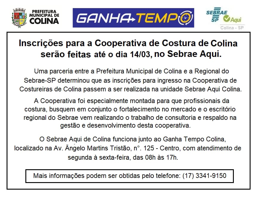 Colina abre inscrições para a Cooperativa de Costura.