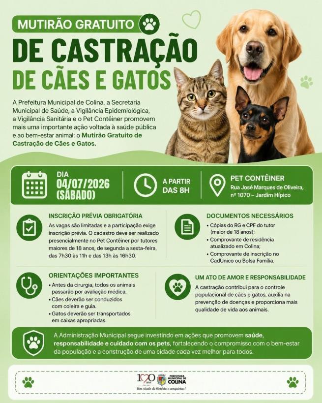 Mutirão Gratuito de Castração de Cães e Gatos Abre Inscrições em Colina