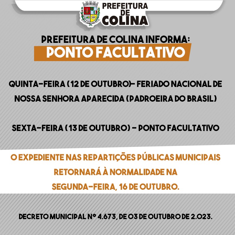 Prefeitura de Colina decreta ponto facultativo na sexta, 13 de outubro