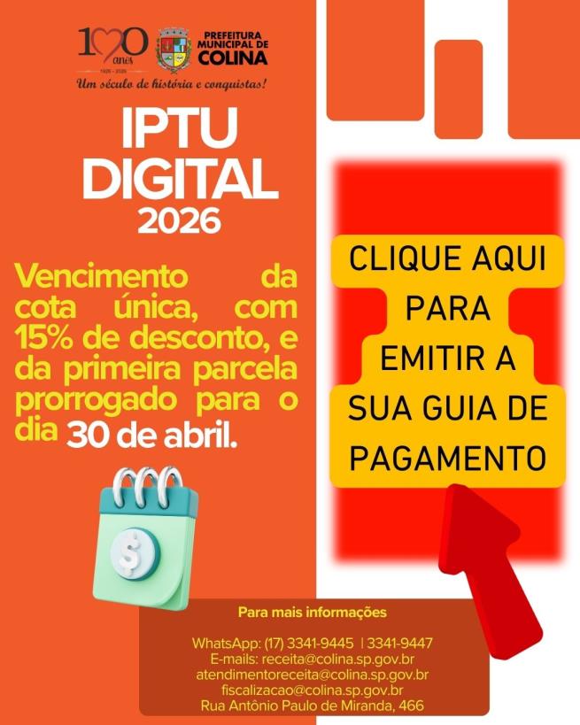 Prefeitura de Colina prorroga vencimento da cota única do IPTU 2026 e da primeira parcela para 30 de abril