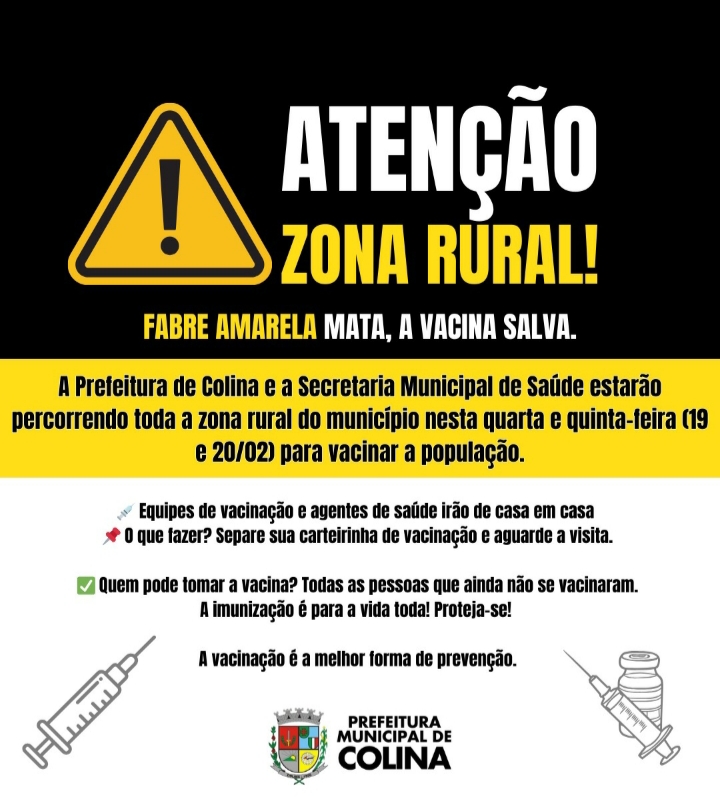 Intensificação da vacinação contra a febre amarela na zona rural quarta e quinta-feira!