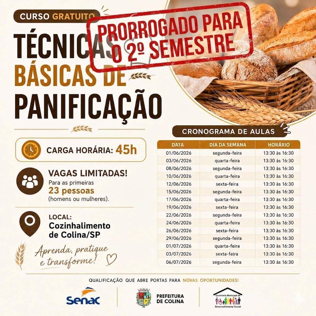 Curso de Panificação Gratuito é prorrogado para o 2º semestre de 2026