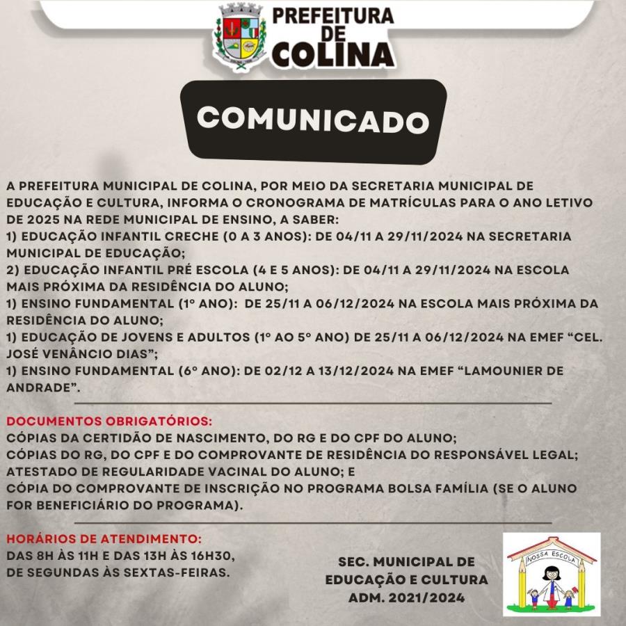 Prefeitura de Colina informa cronograma de matrículas para ano letivo de 2025 nas Escolas da Rede Municipal