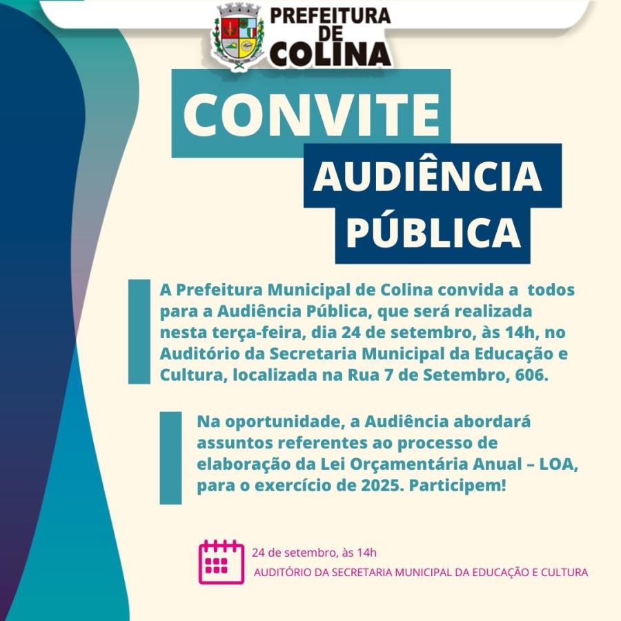 Prefeitura de Colina convida para  Audiência Pública terça-feira, 24 de setembro