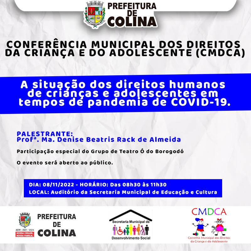 12ª. Conferência Municipal dos Direitos da Criança e do Adolescente acontecerá dia 08 de novembro em Colina