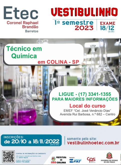 “Vestibulinho Etec”: estão abertas as inscrições para o Curso Técnico em Química em Colina