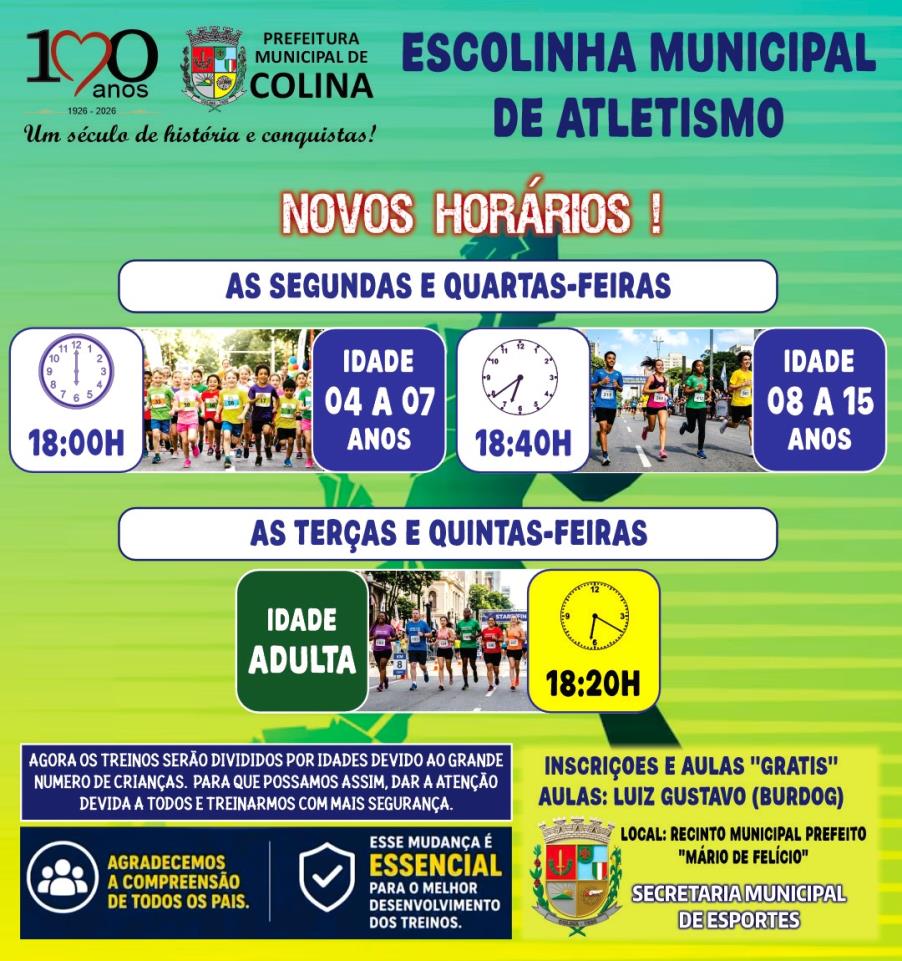 Escolinha Municipal de Atletismo de Colina divulga novos horários de treinos
