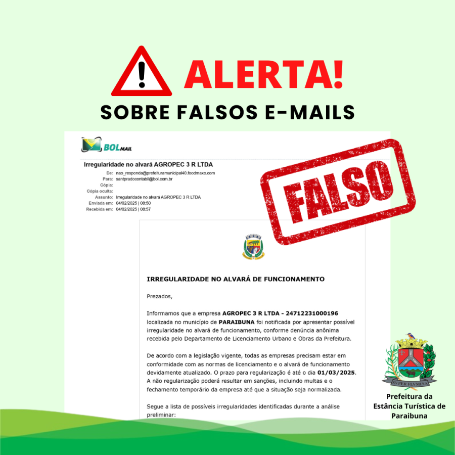Prefeitura alerta sobre golpe por e-mail que alega Irregularidade no alvará de funcionamento