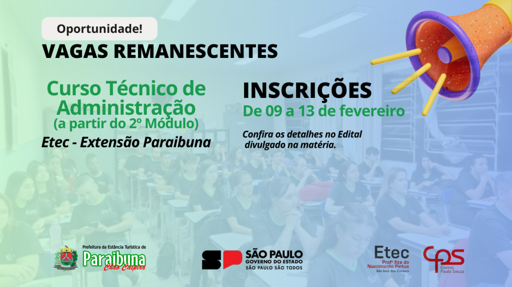 ETEC abre inscrições para vagas remanescentes do curso Técnico em Administração em Paraibuna