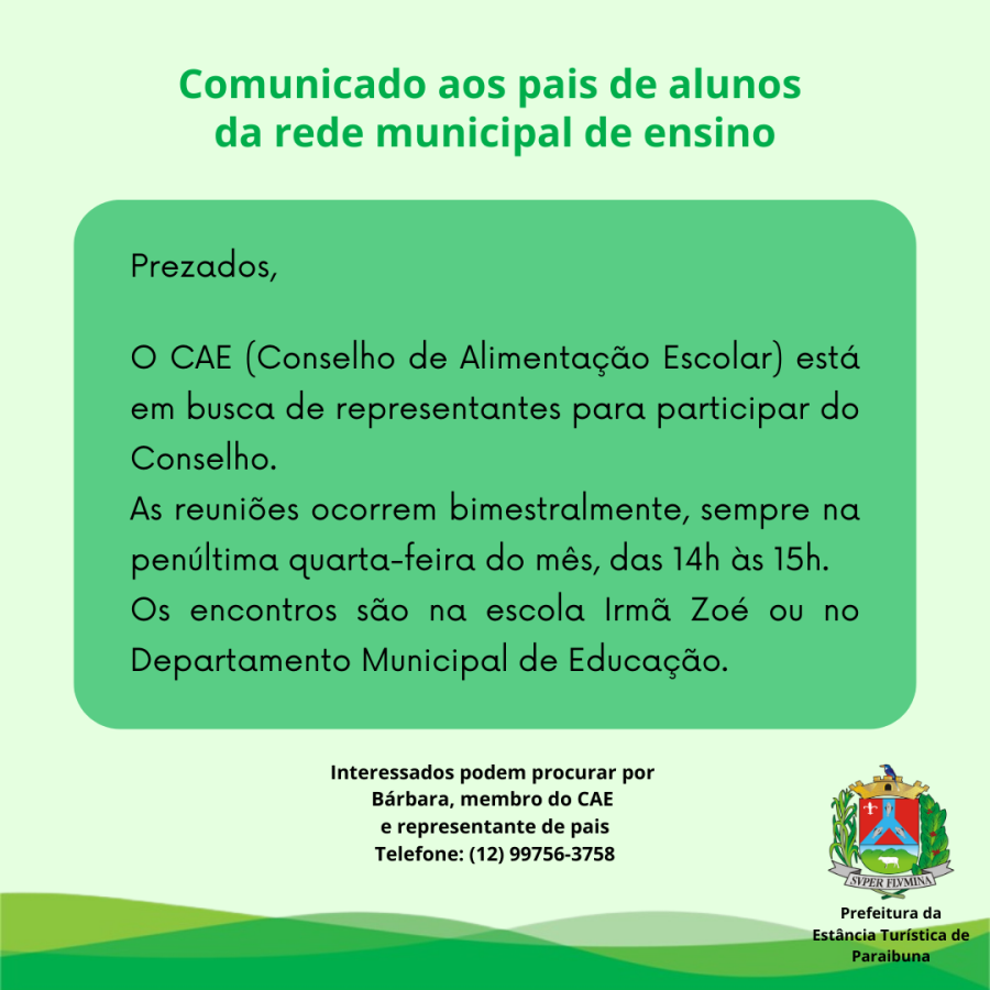 Conselho de Alimentação Escolar convida pais de alunos para